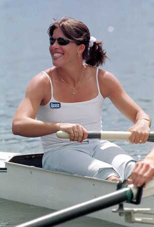 Jennifer Capriati rows on the Yarra river with the Australian under 23 Olympic rowing team during a break from the Australian Open 2000