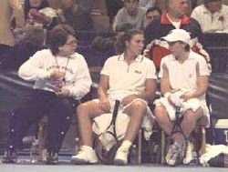 Fed Cup 2000: The doubles team of Jennifer Capriati and Lisa Raymond confer with captain Billie Jean King during their match against Virginia Ruano Pascual and Magui Serna. The U.S. team won the match, 4-6, 6-4, 6-2. .